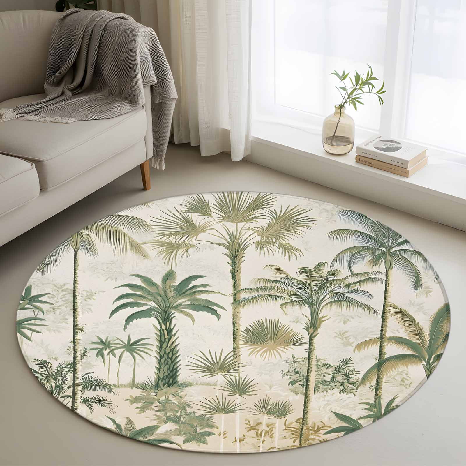 3.3ft Round Rug, Palm Tree Non-Skid Rubber Backing Large Area Rugs ...