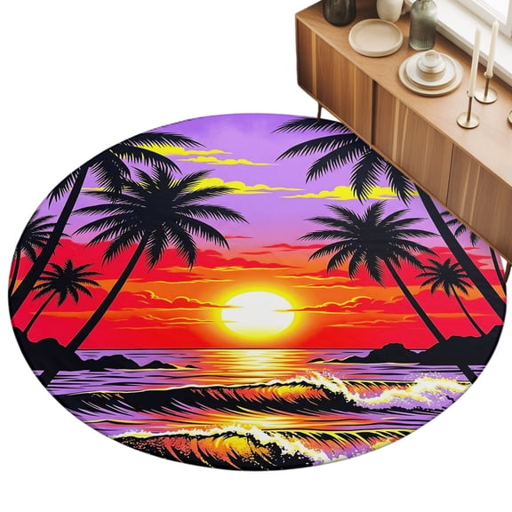 3.3ft Round Rug Palm Tree Sunset Area Rugs for Living Room Bedroom Washable Non Slip Circle Rug Summer Tropical Plants Beach Coastal Waves Indoor Floor Carpet for Kitchen Entryway Office Dining Room