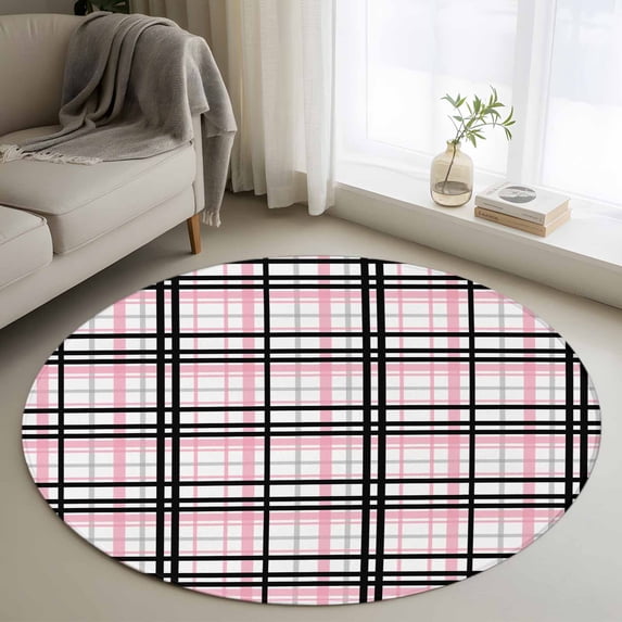 3.3ft Round Rug, Pink Black Plaid Non-Skid Rubber Backing Large Area Rugs - Living Room Bedroom Home Office, Farmhouse Pink Black Checkered Indoor Floor Mat Carpets Washable Rug