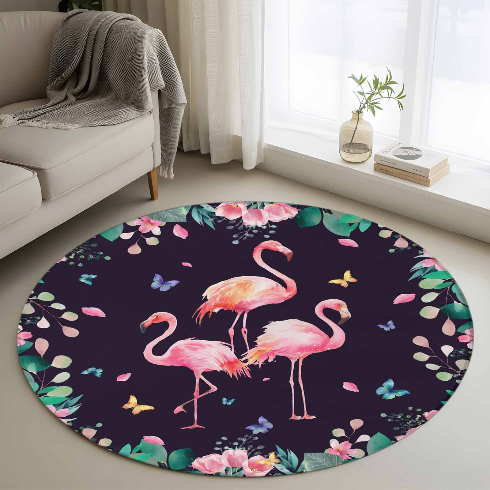 3.3ft Round Rug, Pink Flamingo Non-Skid Rubber Backing Large Area Rugs ...
