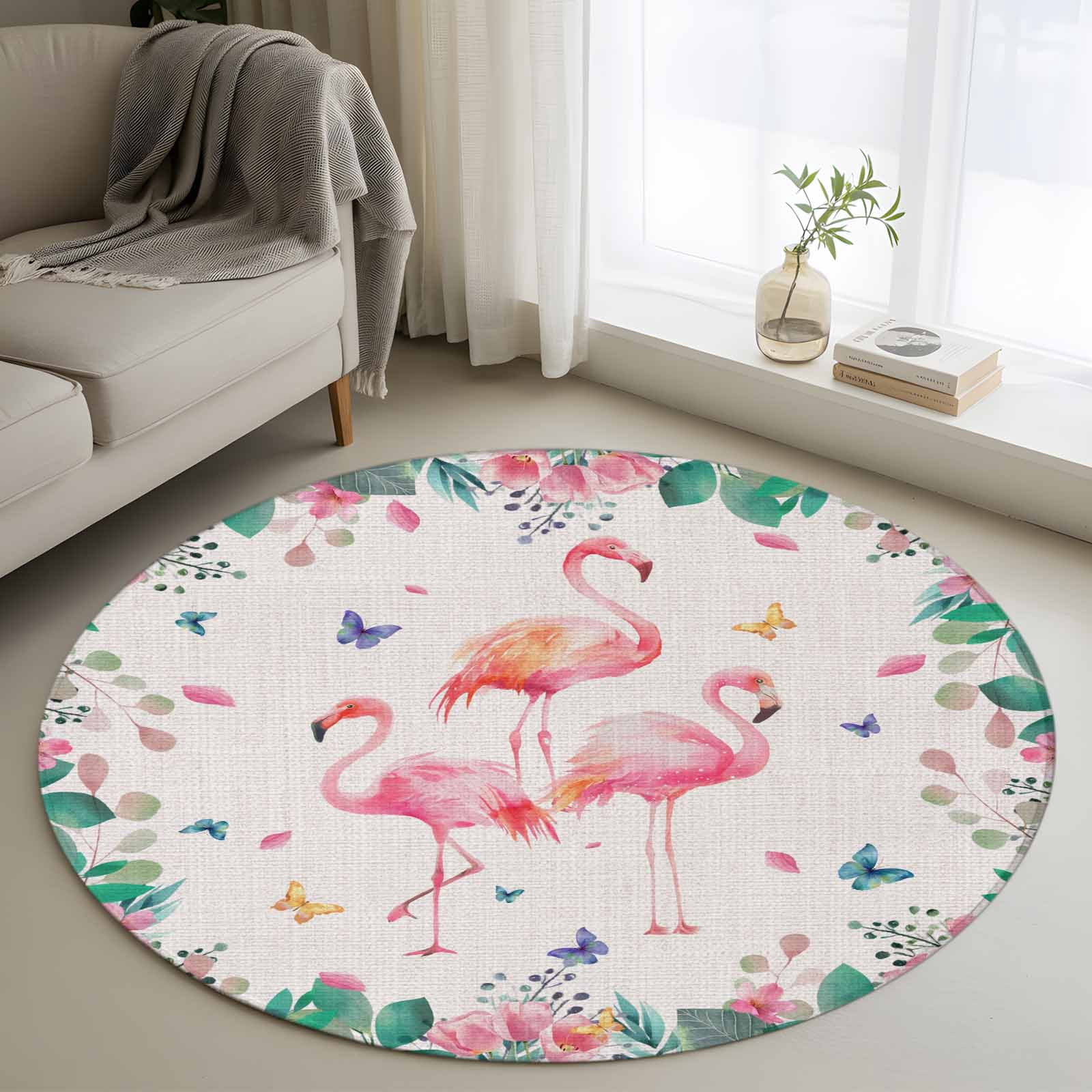 3.3ft Round Rug, Pink Flamingo Non-Skid Rubber Backing Large Area Rugs ...