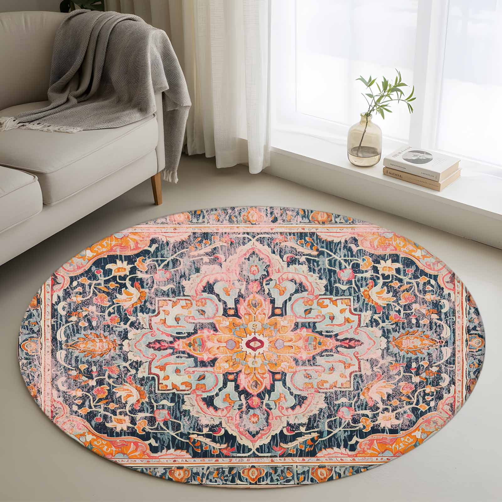 3.3ft Round Rug, Pink Orange Blue Non-Skid Rubber Backing Large Area ...