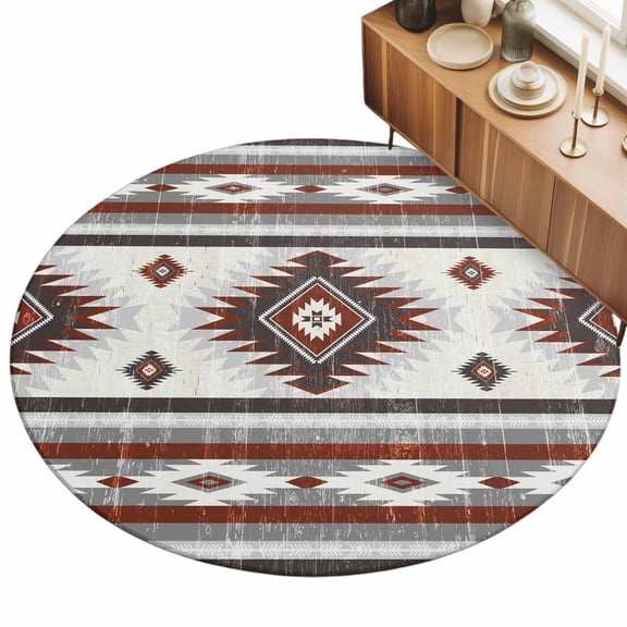 3.3ft Round Rug Red Boho Area Rugs for Living Room Bedroom Washable Non Slip Circle Rug Low Pile Southwestern Ethnic Aztec Retro Geometric Indoor Floor Carpet for Kitchen Entryway Office Dining Room