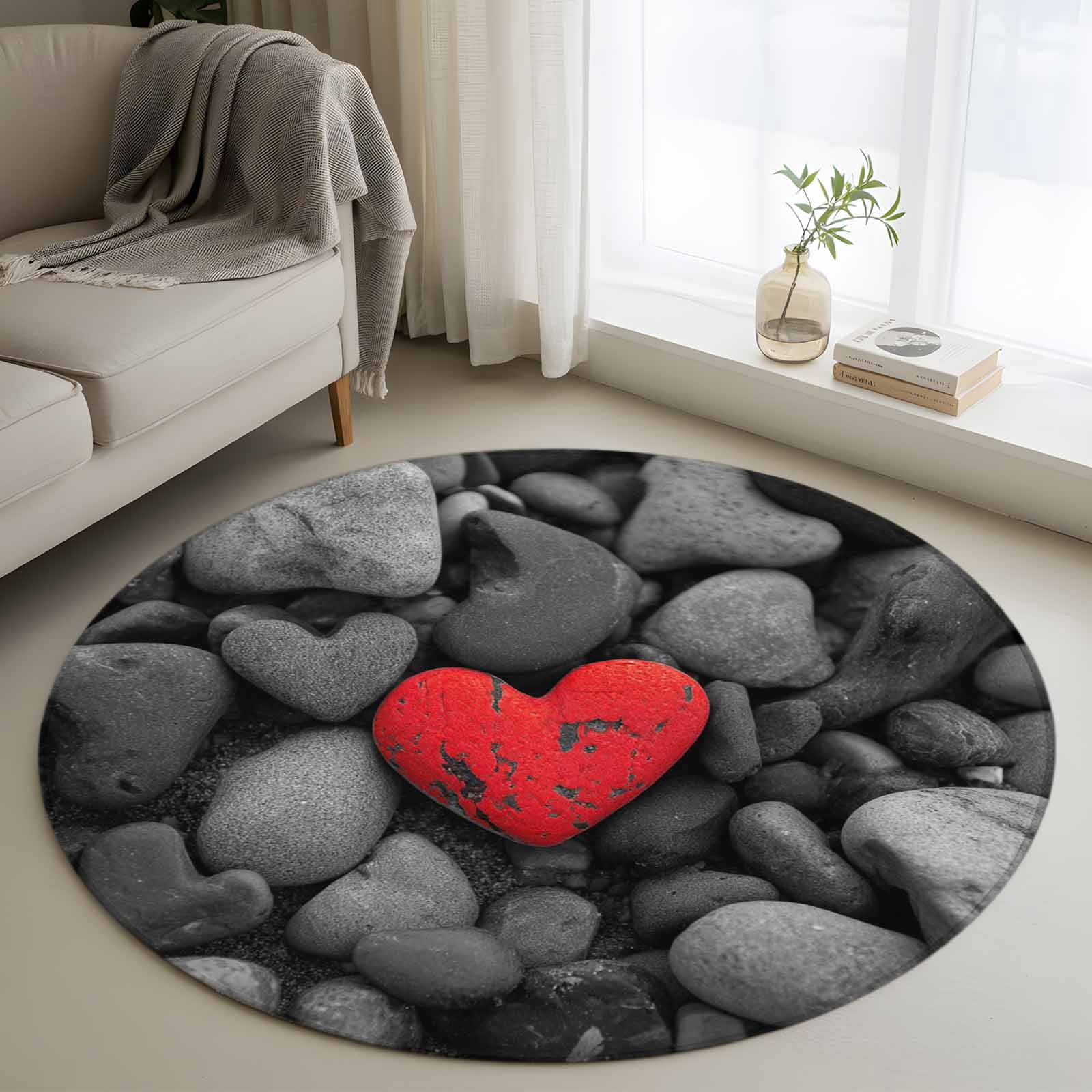 Circular Stone Rug 3.3ft Round Rug, Red Love Heart Stone Non-Skid Rubber Backing Large ...