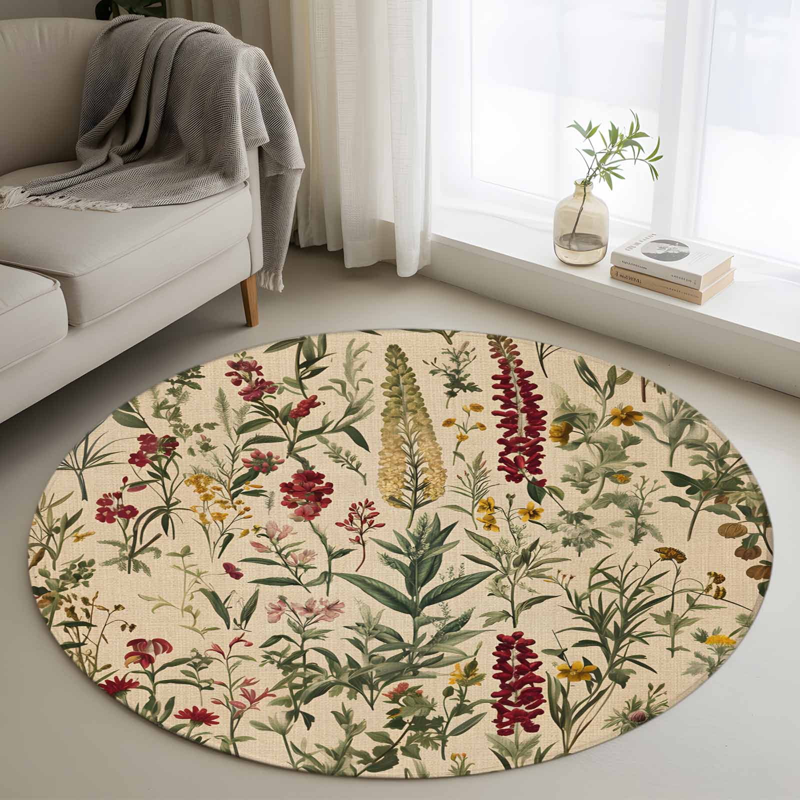 3.3ft Round Rug, Rustic Botanical Non-Skid Rubber Backing Large Area ...