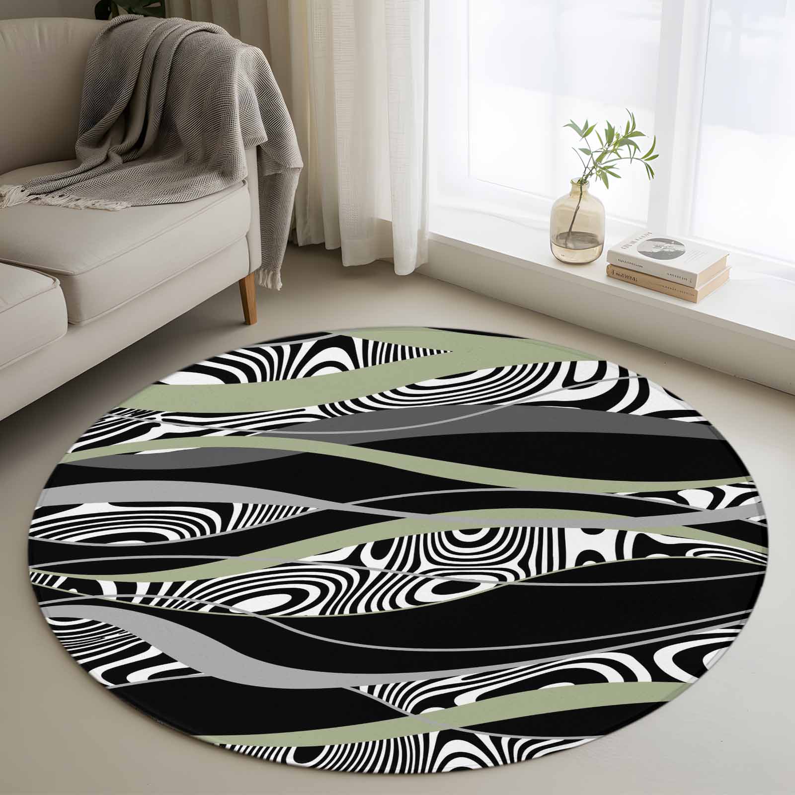 3.3ft Round Rug, Sage Green Black Stripes Non-Skid Rubber Backing Large ...