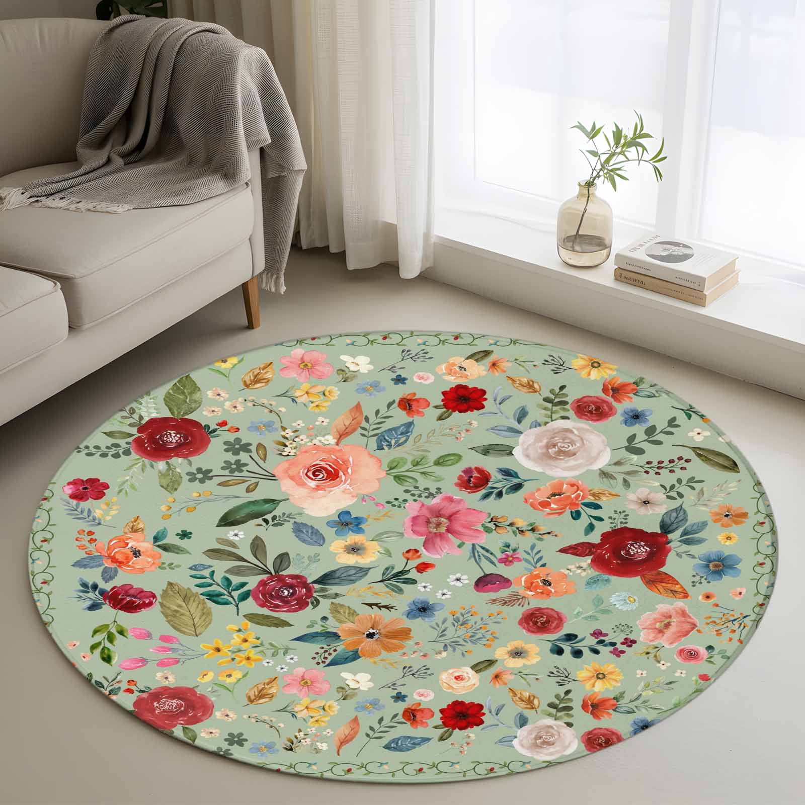3.3ft Round Rug, Sage Green Floral Non-Skid Rubber Backing Large Area ...