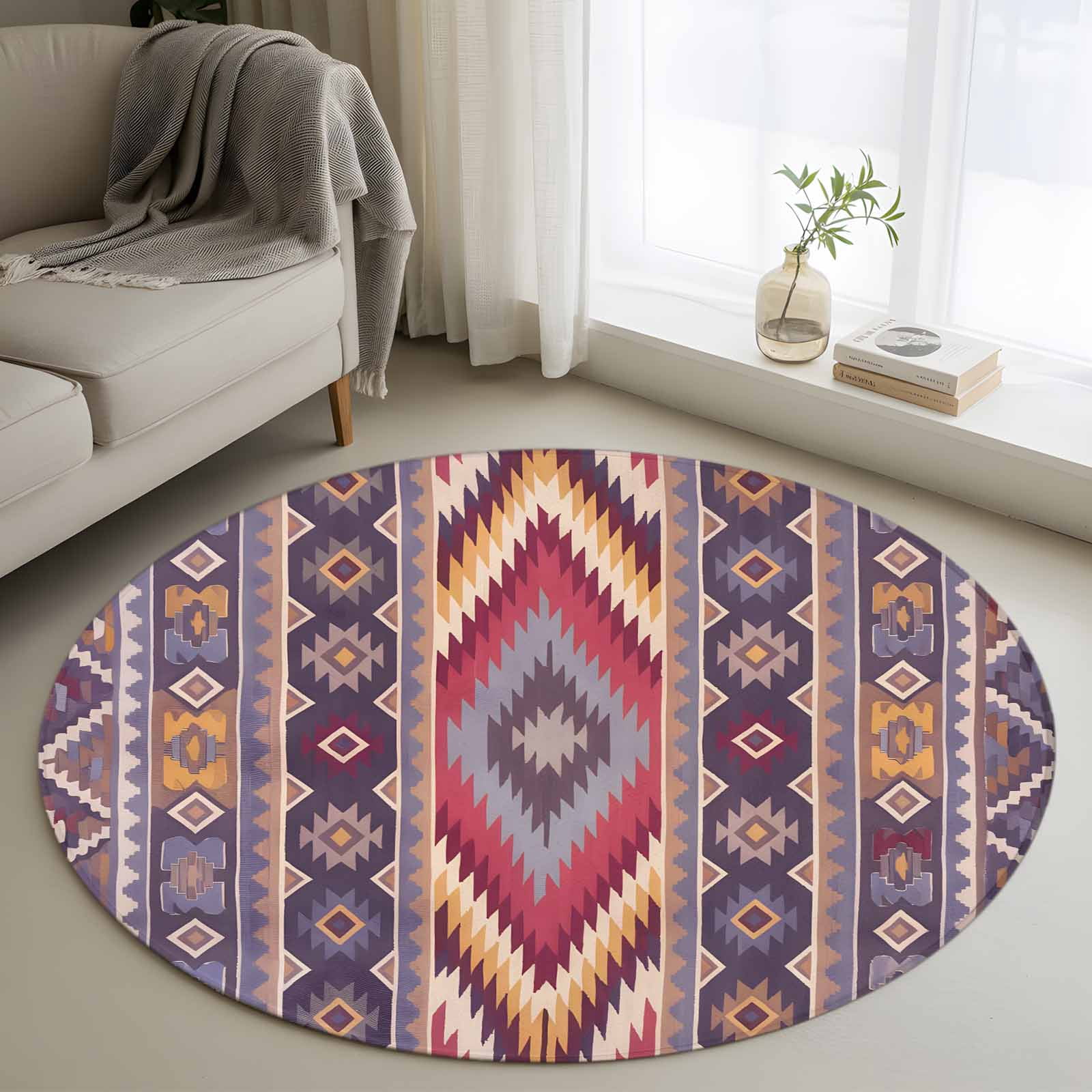 3.3ft Round Rug, Southwest Aztec Non-Skid Rubber Backing Large Area ...