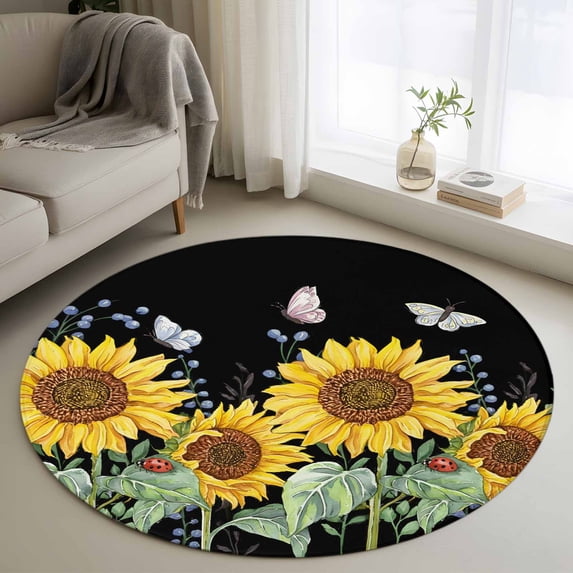 Round Rubber Rug 3.3ft Round Rug, Sunflowers Non-Skid Rubber Backing Large Area Rugs ...