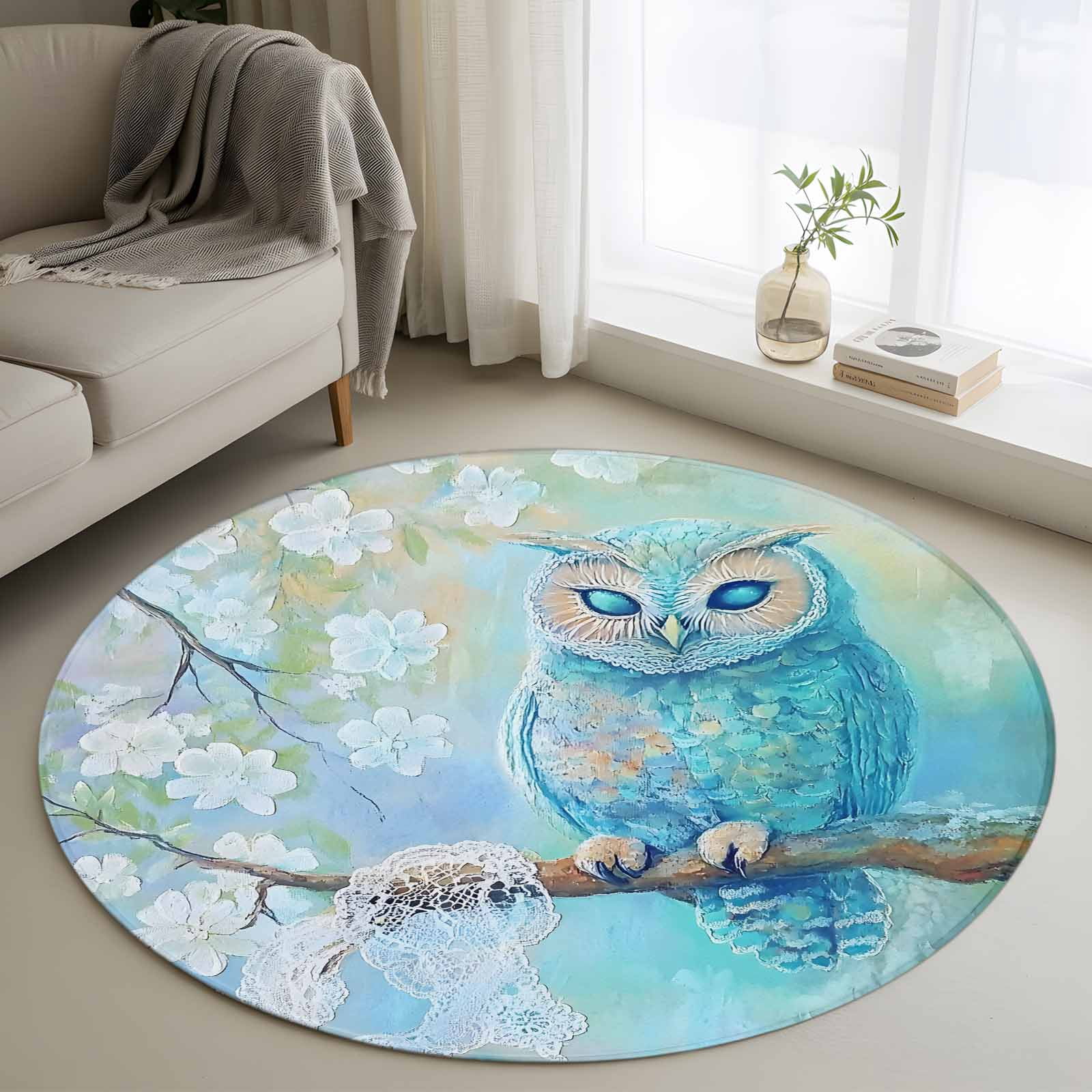 3.3ft Round Rug, Teal Blue Owl Non-Skid Rubber Backing Large Area Rugs ...