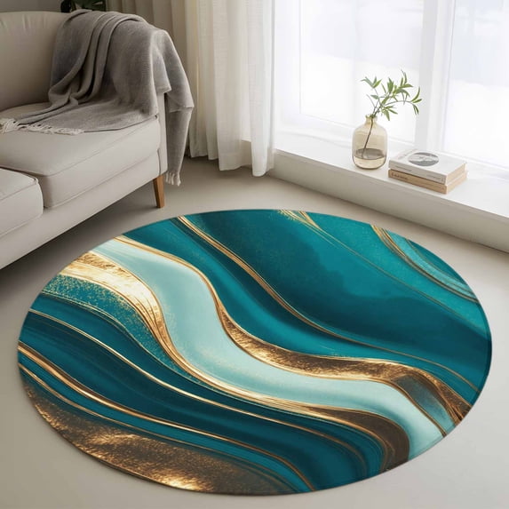 3.3ft Round Rug, Teal Marble Non-Skid Rubber Backing Large Area Rugs - Living Room Bedroom Home Office, Modern Abstract Gold Fluid Art Indoor Floor Mat Carpets Washable Rug