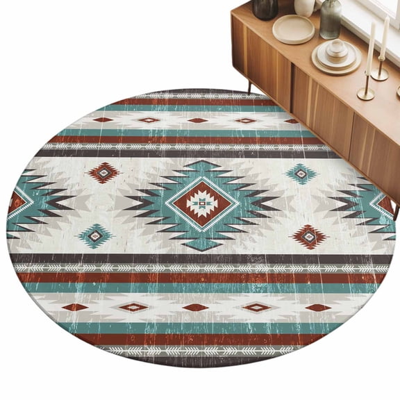 3.3ft Round Rug Turquoise Red Boho Area Rugs for Living Room Bedroom Washable Non Slip Circle Rug Southwestern Ethnic Aztec Retro Geometric Indoor Floor Carpet for Kitchen Entryway Office Dining Room
