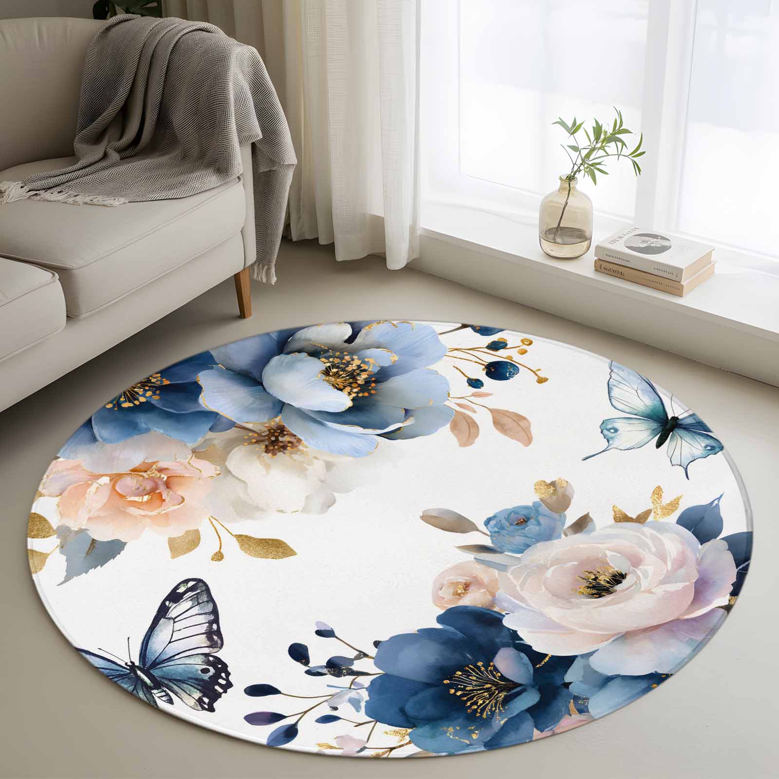 3.3ft Round Rug, Vintage Blue Floral Non-Skid Rubber Backing Large Area ...