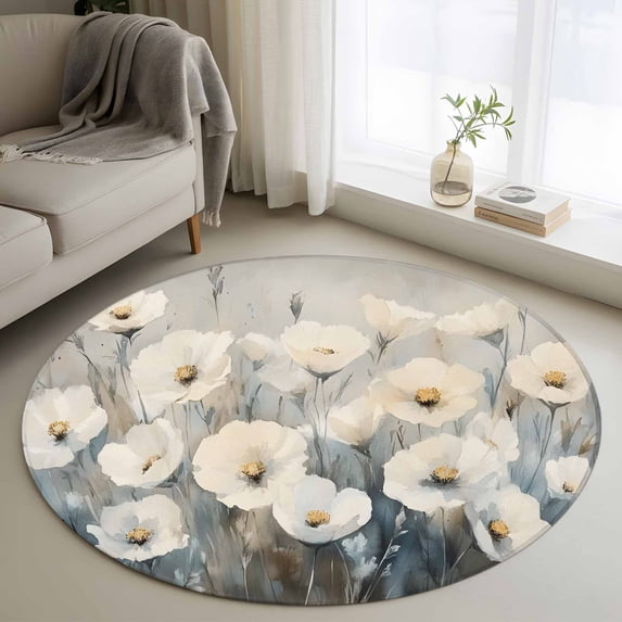 3.3ft Round Rug, White Spring Floral Non-Skid Rubber Backing Large Area ...