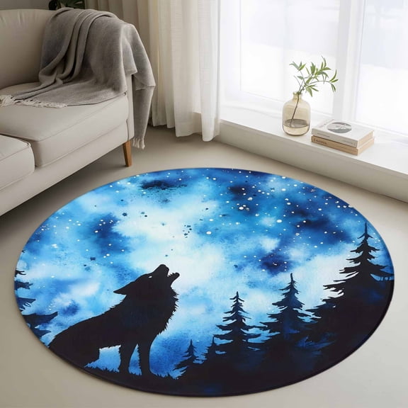 3.3ft Round Rug, Wolf Black Silhouette Non-Skid Rubber Backing Large Area Rugs - Living Room Bedroom Home Office, Forest Starry Night Indoor Floor Mat Carpets Washable Rug