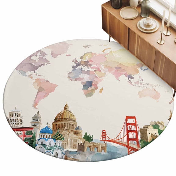 3.3ft Round Rug World Map Area Rugs for Living Room Bedroom Washable Non Slip Circle Rug Low Pile Farmhouse Famous Building Tourism Bridge Indoor Floor Carpet for Kitchen Entryway Office Dining Room