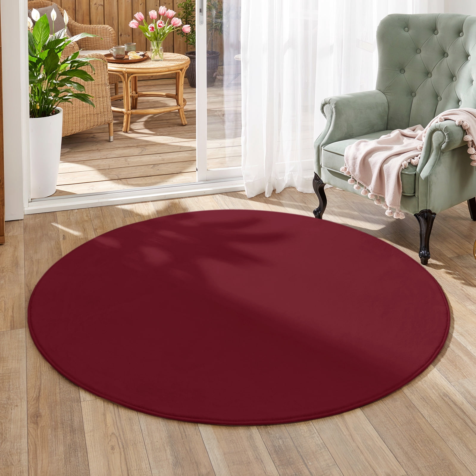 Solid Colour Rug 3.3ft Round Rug for Bedroom Solid Color Washable Non-Slip Rug Wine Red ...