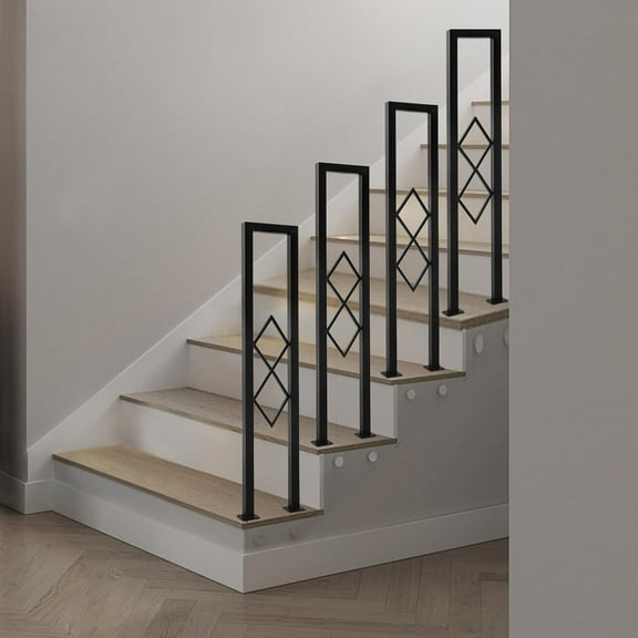 3.3ft U-Shaped Stair Handrail, Floor Mounted Carbon Steel Hand Rail with Diamond Pattern Industrial Staircase Railing Non-Slip for Indoor Stairs Porch Deck, 330lbs Capacity (Black)