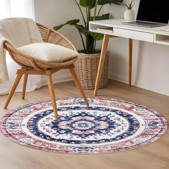 3.3ft Washable Round Rug, Bohemian Circular Non-Slip Circle Area Rug for Entryway Bedroom, Ethnic Style Vintage Red Blue Texture Indoor Accent Floor Mat for Home Decor