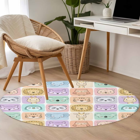 3.3ft Washable Round Rug, Cartoon Animals Non-Slip Circle Area Rug for Entryway Bedroom, Tiger Koalas Elephant Lion Foxes Color Plaid Indoor Accent Floor Mat for Home Decor