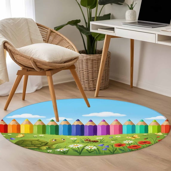 3.3ft Washable Round Rug, Cartoon Turtle Colorful Pencil Non-Slip Circle Area Rug for Entryway Bedroom, Blue Sky Green Lawn Ant Flower Butterfly Indoor Accent Floor Mat for Home Decor