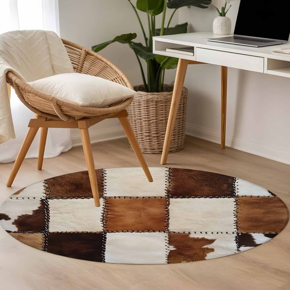 3.3ft Washable Round Rug, Denim Cow Non-Slip Circle Area Rug for Entryway Bedroom, Western Cowboy Indoor Accent Floor Mat for Home Decor