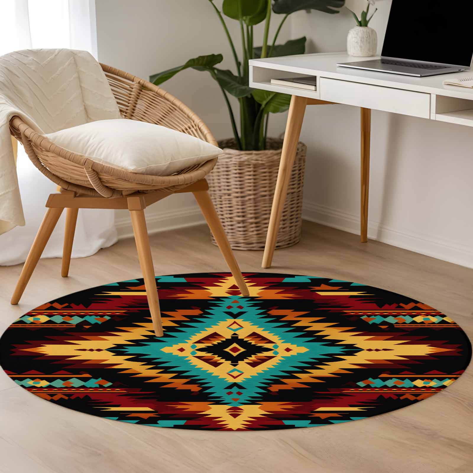 3.3ft Washable Round Rug, Ethnic Style Pattern Non-Slip Circle Area Rug ...