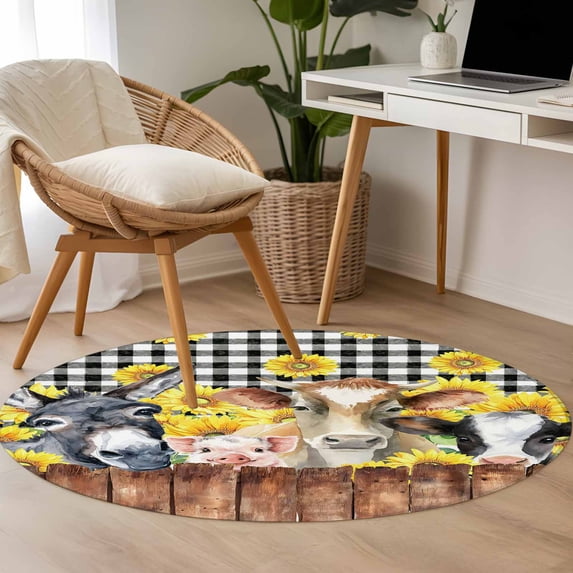 3.3ft Washable Round Rug, Farm Non-Slip Circle Area Rug for Entryway Bedroom, Vintage Farmhouse Donkey Pig Cow Sunflower Leaf Wood Fence Black Plaid Indoor Accent Floor Mat for Home Decor