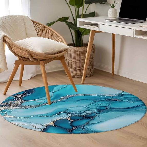 3.3ft Washable Round Rug, Turquoise Marble Non-Slip Circle Area Rug for Entryway Bedroom, Abstract Marble Indoor Accent Floor Mat for Home Decor