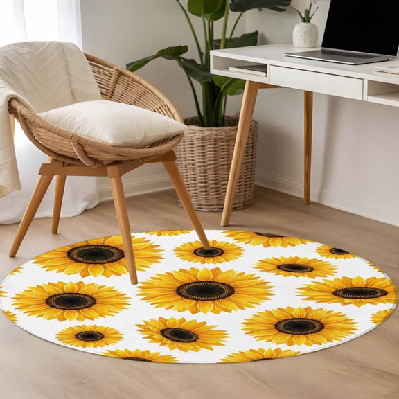 3.3ft Washable Round Rug, Yellow Sunflower Flower Non-Slip Circle Area Rug for Entryway Bedroom, Black Background Abstract Vintage Floral Indoor Accent Floor Mat for Home Decor