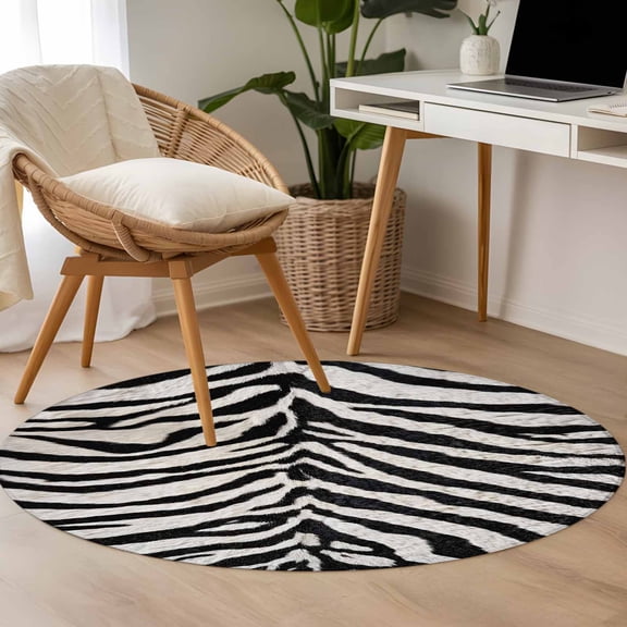 3.3ft Washable Round Rug, Zebras Stripes Non-Slip Circle Area Rug for Entryway Bedroom, Watercolor Abstract Black White Zebra Stripes Indoor Accent Floor Mat for Home Decor