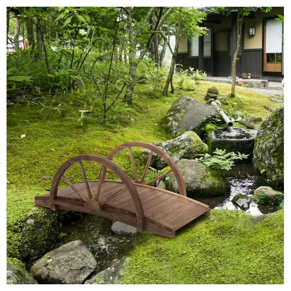 3.3ft Wooden Garden Bridge, Fir Wood Footbridge with Rails, Stained Outdoor Arch Bridge, Landscape Decoration