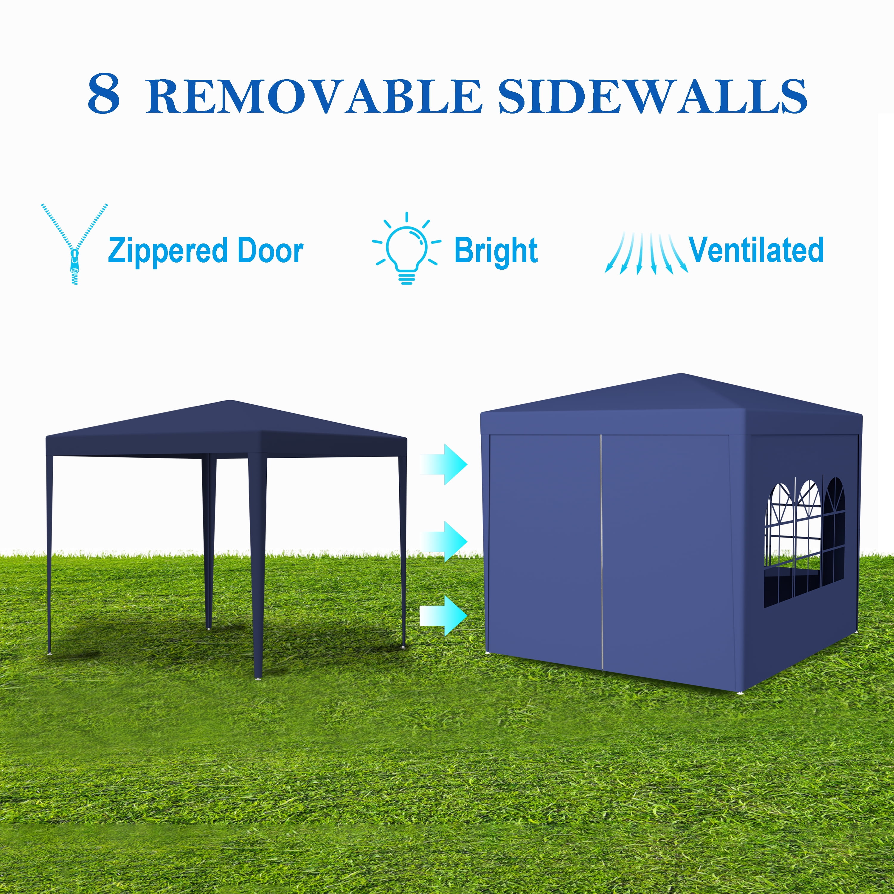 3 * 3m 4 sided (two doors), spiral tube pergola made of blue PE fabric, 10'x10 'party tent with 4 detachable sides, outdoor heavy-duty pergola, wedding tent with spray painted iron pipes