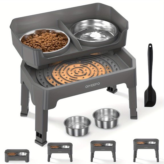 3/4 In 1 Large Elevated Dog Bowls: 4 Adjustable Height Raised Dog Bowl Stand With Mess Proof Design - Slow Feeder Licking Plate With 2*53oz Food Bowls