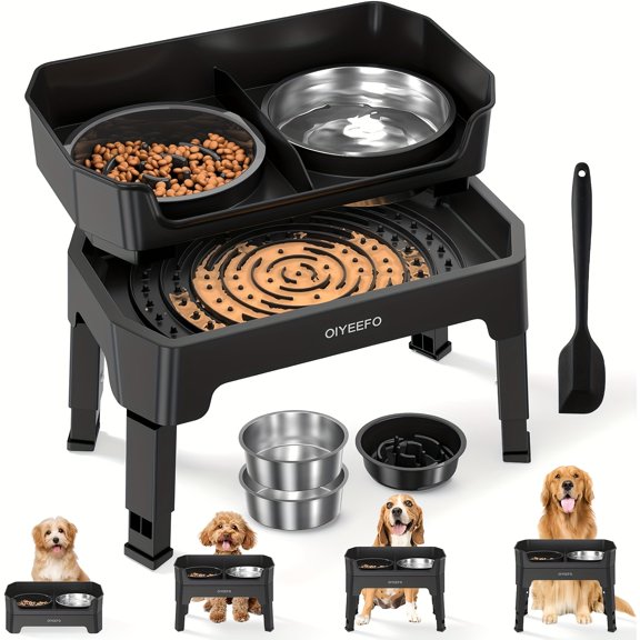 3/4 In 1 Large Elevated Dog Bowls: 4 Adjustable Height Raised Dog Bowl Stand With Mess Proof Design - Slow Feeder Licking Plate With 2*53oz Food Bowls