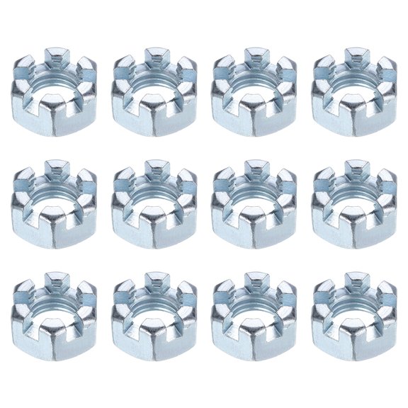 3/4"-10 Hexagon Slotted Nut, Grade 6.8 Carbon Steel Hex Nuts, Silver, 12Pack