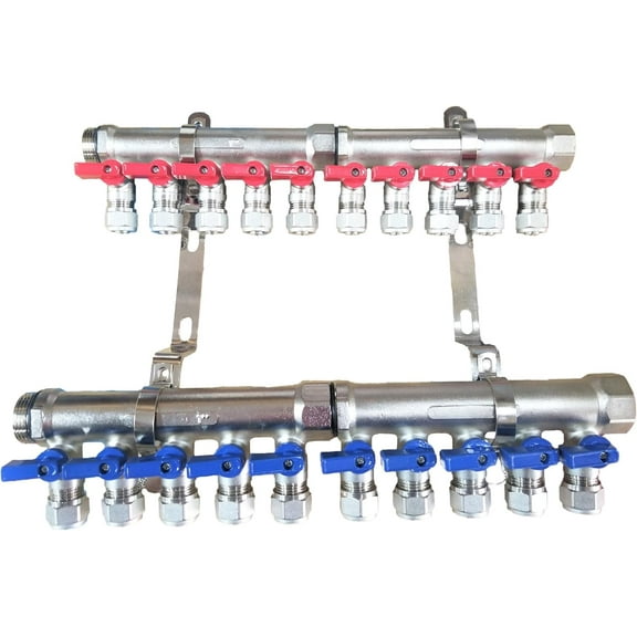 3/4" 10-Loop/Port Ball Valve Brass Pex Manifold for 1/2" Pex Tubing w/brackets