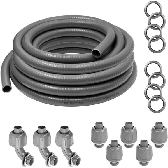 3/4" 25 Ft Liquid-Tight Conduit UL Certification - Flexible Non-Metallic Liquid Tight Electrical Flexible Conduit with 5 Straight and 3 90-Degree Connector Fittings