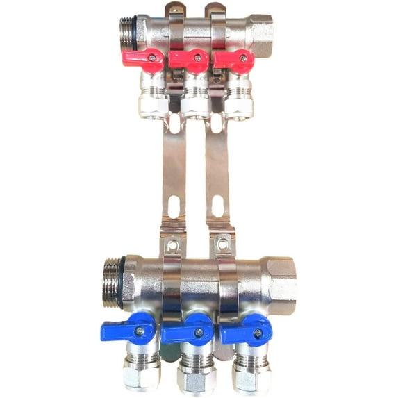 DMNI 3/4" Port Ball Valve Brass Pex Manifold - 3 Loops - With Brackets - for 1/2" Pex Tubing