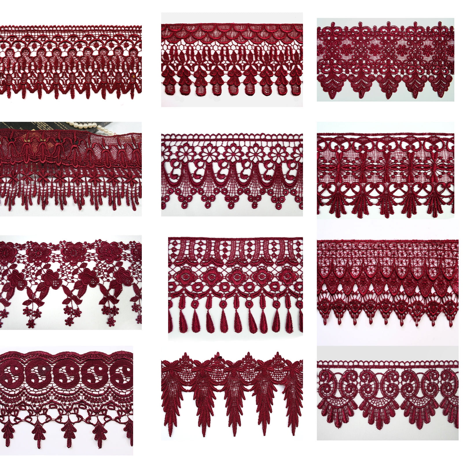 3" 4" 4.5" 4.75" 5" 5.75" 7.5" Burgundy Embroidery Venice Lace Trim by Yard