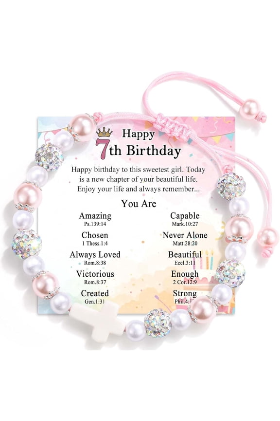 3 4 5 6 7 8 Year Old Birthday Gift, Cross Pearl Birthday Bracelet Gifts with Cute Happy 3rd 4th 5th 6th 7th 8th Birthday Card for Daughter Granddaughter Sister Niece