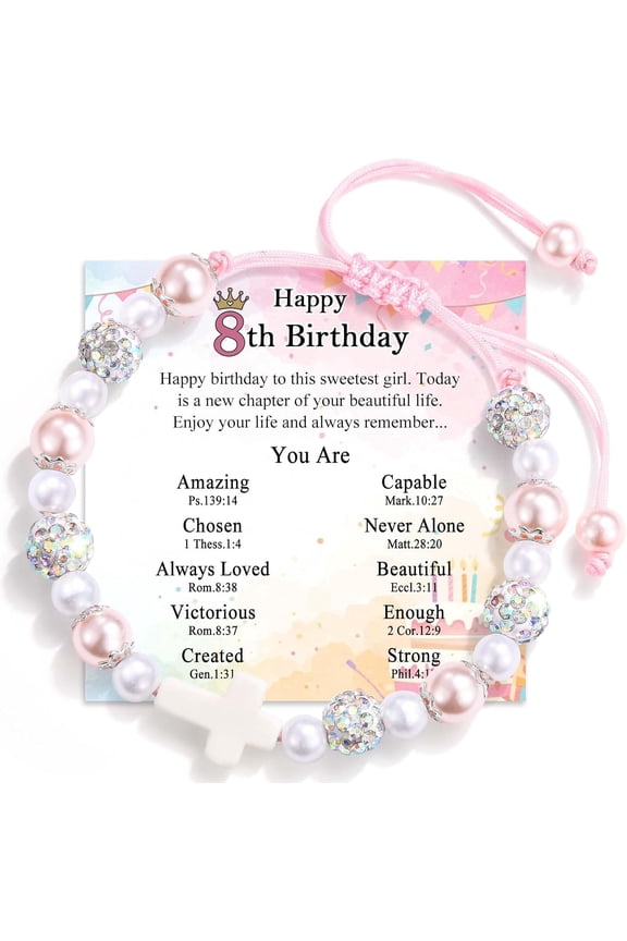 3 4 5 6 7 8 Year Old Birthday Gift, Cross Pearl Birthday Bracelet Gifts with Cute Happy 3rd 4th 5th 6th 7th 8th Birthday Card for Daughter Granddaughter Sister Niece
