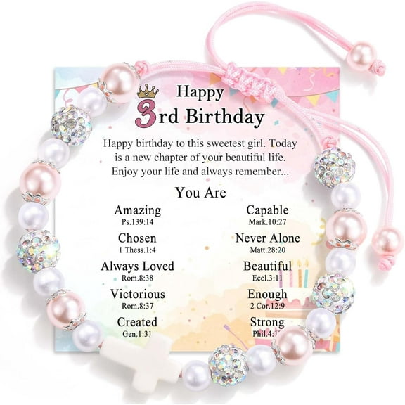3 4 5 6 7 8 Year Old Birthday Gift, Cross Pearl Birthday Bracelet Gifts with Cute Happy 3rd 4th 5th 6th 7th 8th Birthday Card for Daughter Granddaughter Sister Niece
