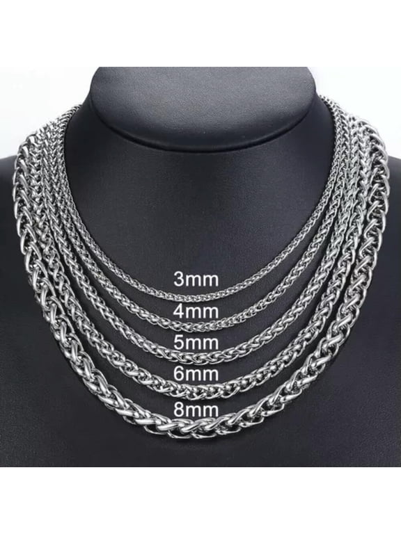 3/4/5/6/8mm Unisex Wheat Spiga Chain Stainless Steel Necklace Gold/Silver Men