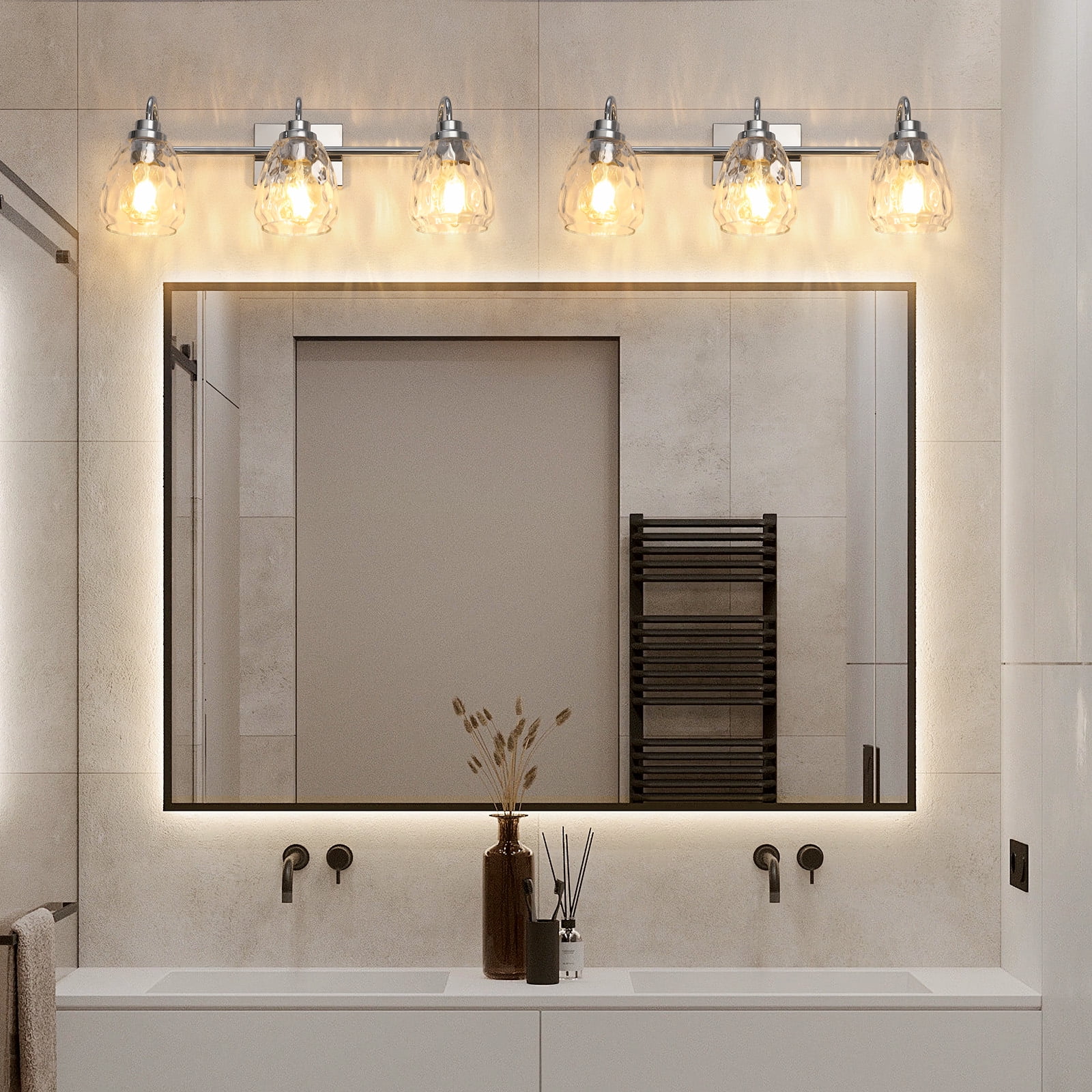 3/4/5/6 Light Bathroom Light Fixtures, Chrome Vanity Light Fixtures Over Mirror Wall Mount Lighting Fixture with Hammered Glass Shade E26 Socket for Hallway Kitchen Bedroom Living Room