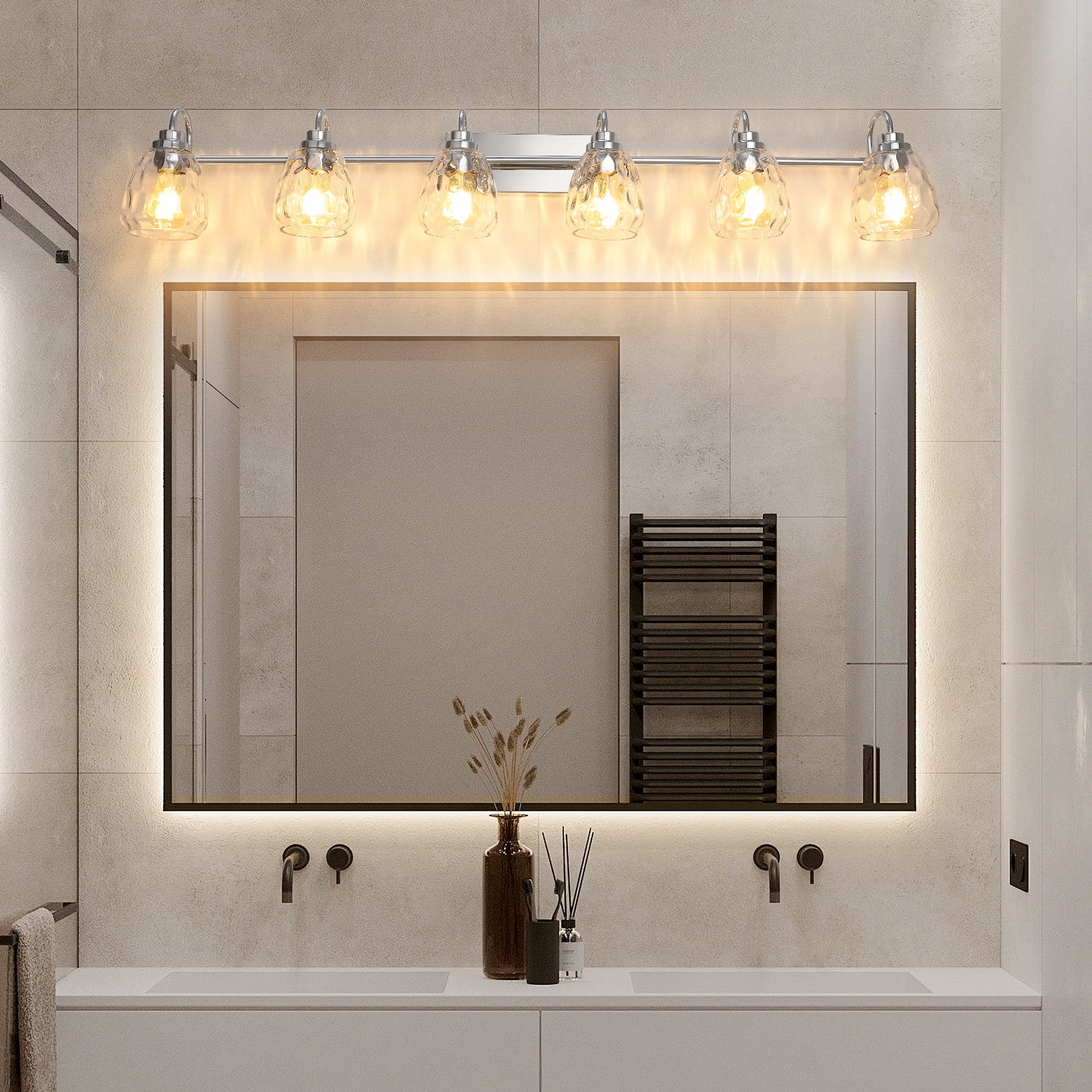 3/4/5/6 Light Bathroom Light Fixtures, Chrome Vanity Light Fixtures Over Mirror Wall Mount Lighting Fixture with Hammered Glass Shade E26 Socket for Hallway Kitchen Bedroom Living Room