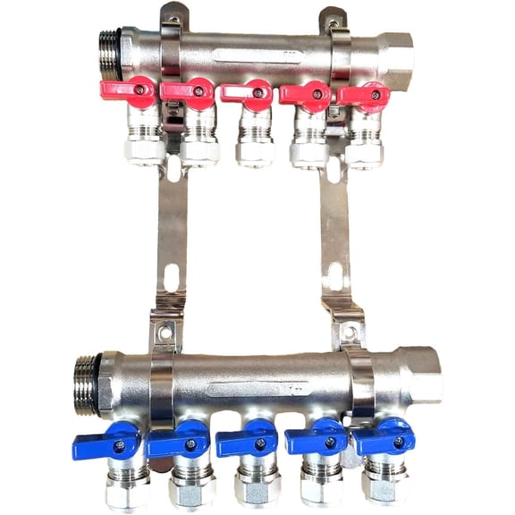 3/4" 5-Loop/Port Ball Valve Brass Pex Manifold for 1/2" Pex Tubing w/brackets