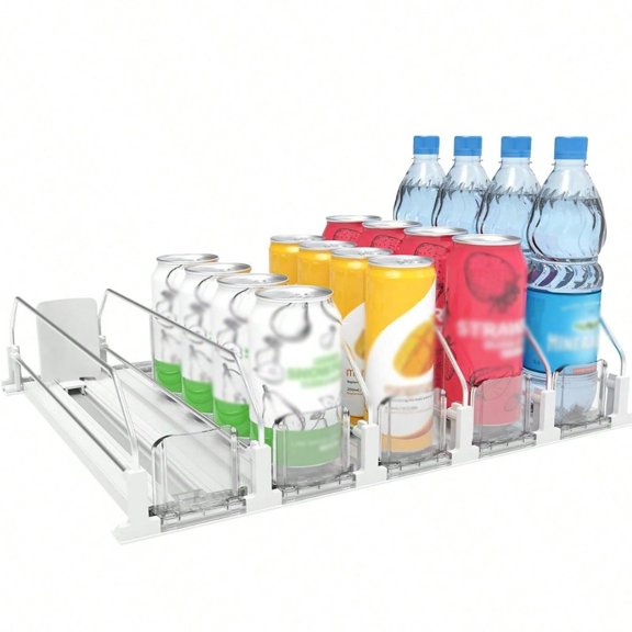 3/4/5 Set Beverage Storage Solution - Easy Glide Pusher & Propeller System, Double-Layer Partition & Secure Positioning Buckle For Fridge - Ideal For Soda Cans & Bottles, Kitchen & Desk Organization