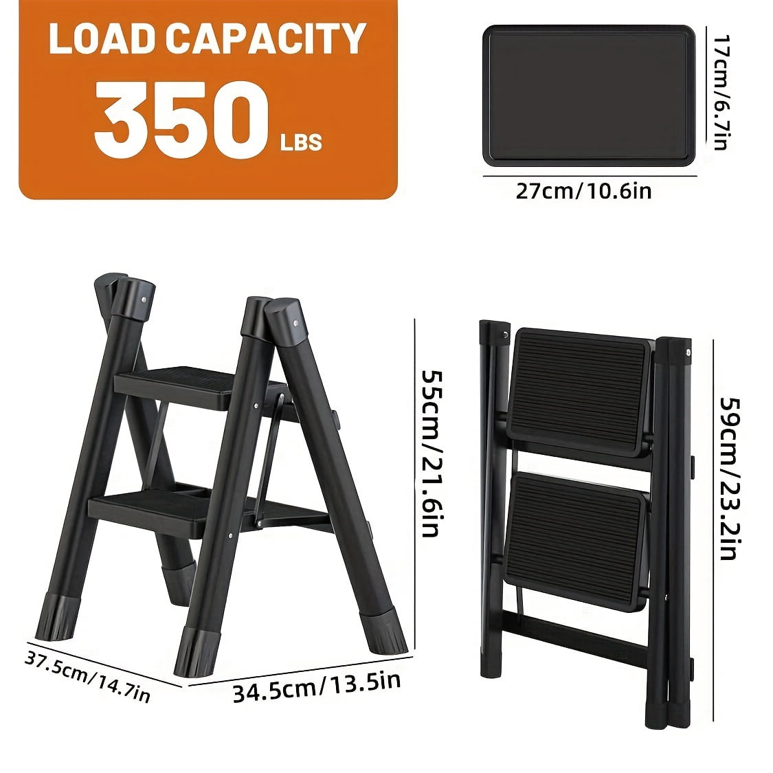 2-Step Folding Step Ladder - Lightweight Aluminum, 250 Lb Capacity, Anti-Slip Treads