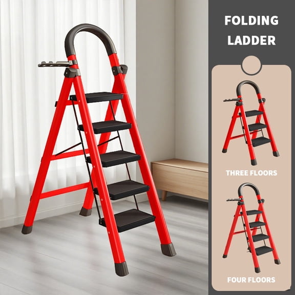 3 4 5 Step Heavy-Duty Folding Ladder, 500lbs Load Capacity, Steel Frame with Anti-Slip Treads, Handrails Safety Lock, Tool Rack  Non-Slip Feet, Black-Red, for Home  Kitchen